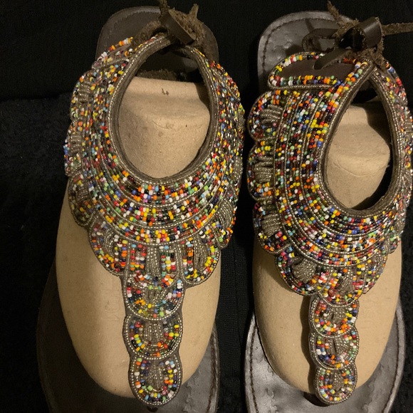 🆕SIZE 10 AFRICAN HANDMADE BROWN LEATHER COLORFUL BEADED THONG SANDALS - Picture 12 of 16
